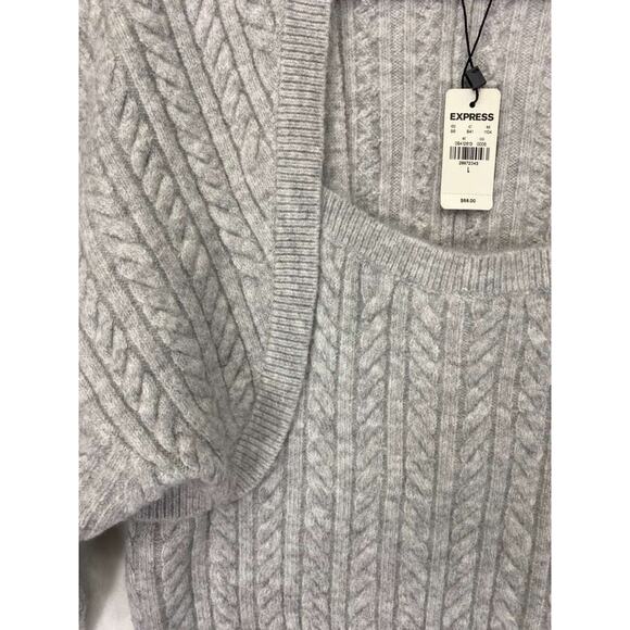Express Gray Cable Knit Sweater Shrug 2 pc set with matching Cropped Tank Sz L - Picture 5 of 12